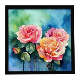 New York Roses in Watercolor Framed Metal Print Bathroom, Kitchen, Office, Home Decor Wall Art Ready to Hang, Square, 8X8