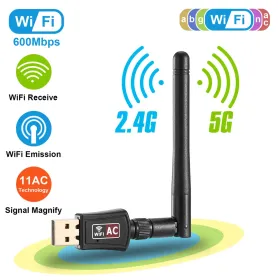 USB WiFi Adapter AC600Mbps 5G/2.4G Dual Band 802.11ac Wireless Network Adapter W/ 2dBi External Antennas For PC Desktop Laptop (Option: Black)