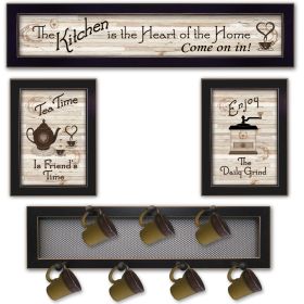 "Kitchen Collection IV" 4-Piece Vignette with 7-Peg Mug Rack by Millwork Engineering, Black Frame (Color: as Pic)